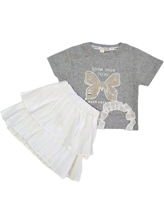 MINIIMODZ MINII MODZ Grey Butterfly Girls Skirt & Top Set | Skirt with Shorts Underneath for Toddler Girls | Party Wear Embellished Top & Lace Design - Image 1